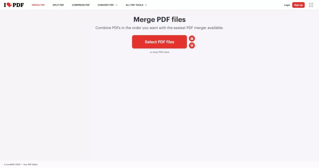 ilovepdf.com merge pdf tool user interface